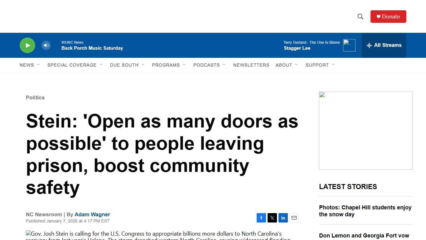 Stein: 'Open as many doors as possible' to people leaving prison, boost community safety WUNC News